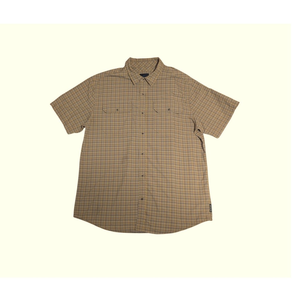 Prana Mens Short Sleeve Plaid Button‎ Up Shirt Tan Blue M11181353 Large Gorpcore